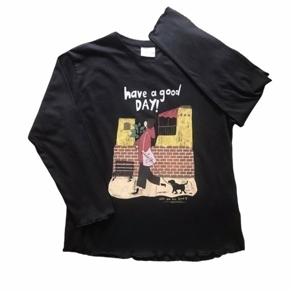 Zara Girls Dark Gray Ruffle Hem Long Sleeve Girl Walking Dog Graphic Tee 7